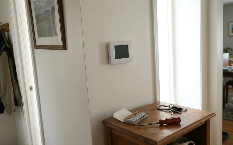 Blank thermostat screen with fresh batteries nearby
