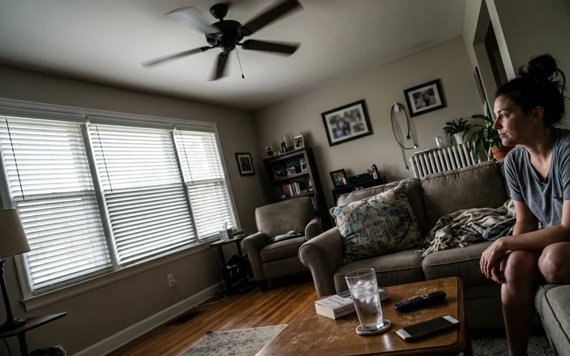 Ceiling fan spinning in a dim living room with blinds closed