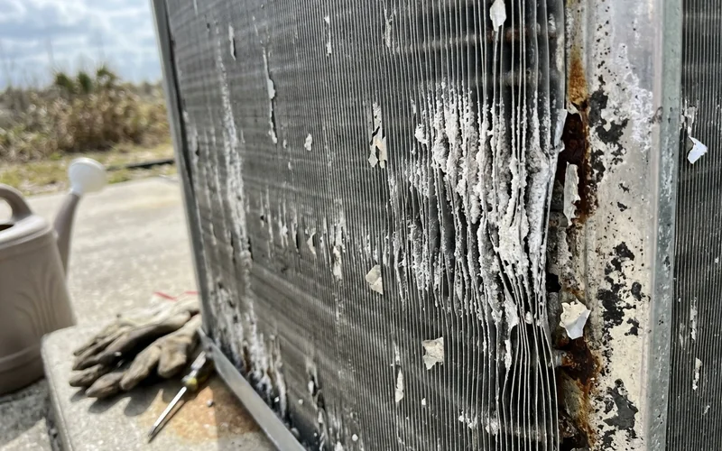 Close-up of corroded aluminum condenser fins with white salt crust