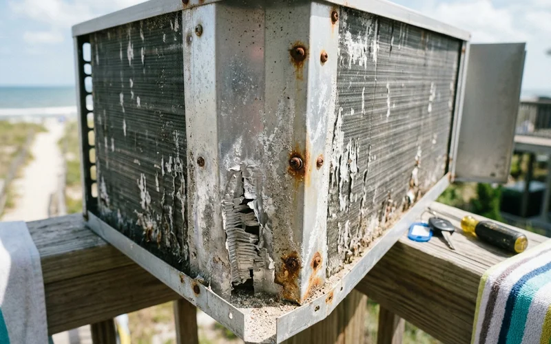 Close-up of flaking corroded coil fins with salt residue