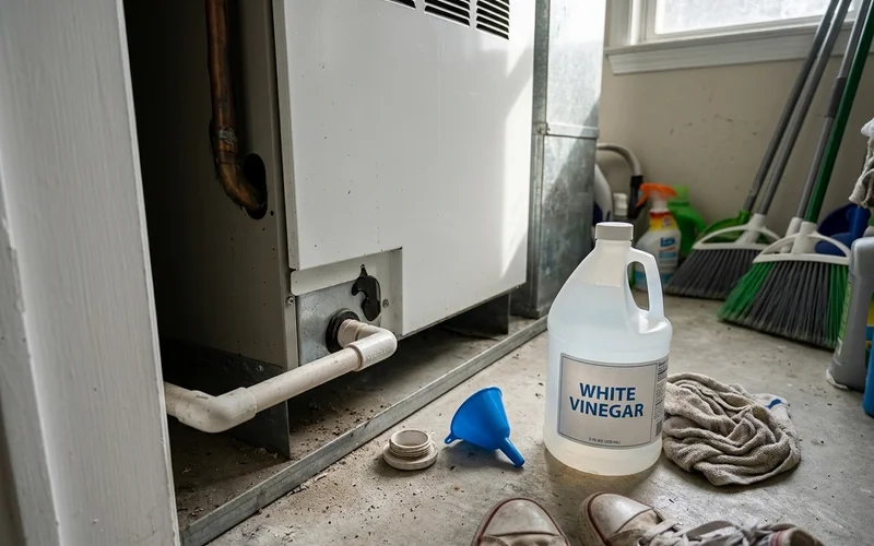 Drain line cleanout cap and small funnel beside an indoor unit