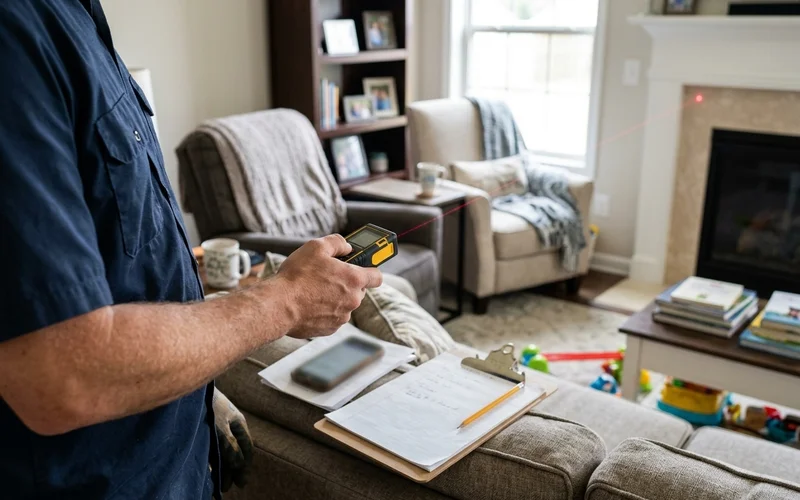 Contractor measuring a room during a load calculation visit