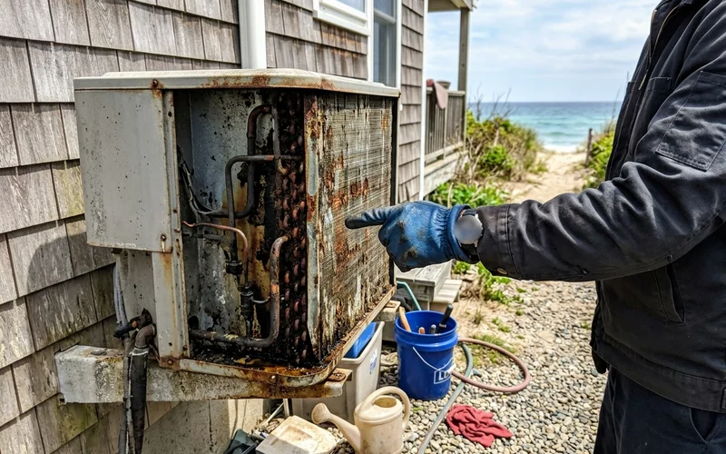 Corroded, leaking coil on an old outdoor AC unit