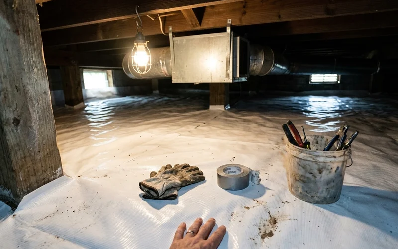 Crawlspace with a vapor barrier and a ducted dehumidifier