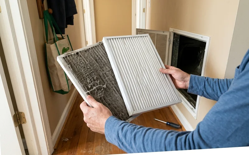 Dirty clogged return air filter held next to a clean one