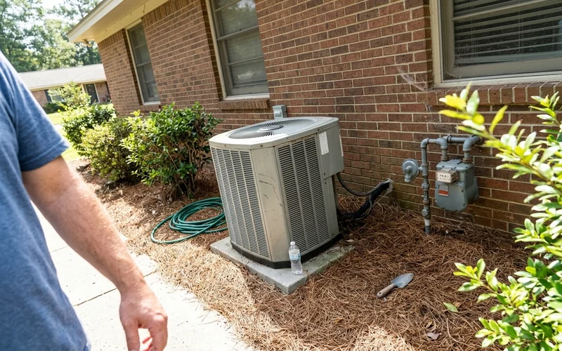 Heat pump outdoor unit and gas meter on the side of a brick home