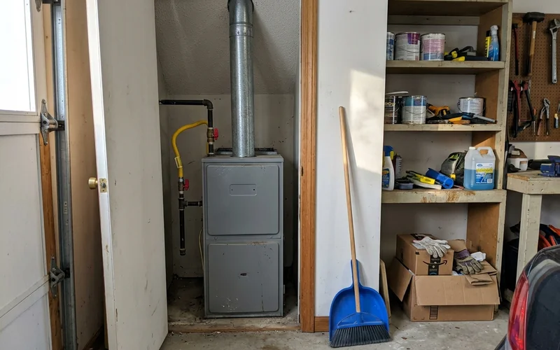 Gas furnace in a garage closet with a flue pipe