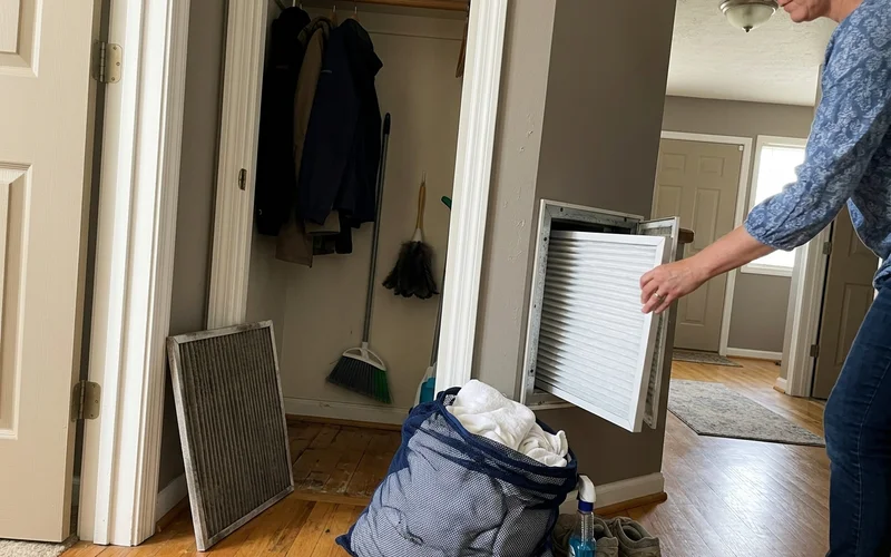Hand changing an AC filter in a rental hallway closet