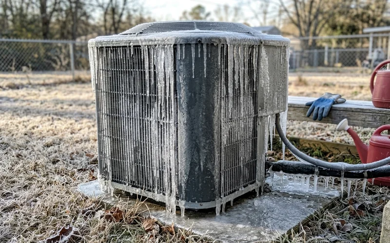 Heat pump coil encased in thick ice after a freezing night