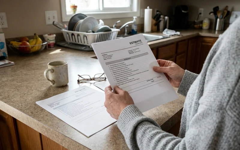 Homeowner reading two paper estimates at a kitchen counter