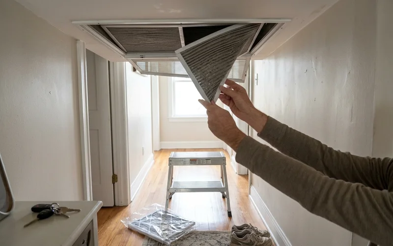 Homeowner replacing a clogged air filter at a hallway return grille