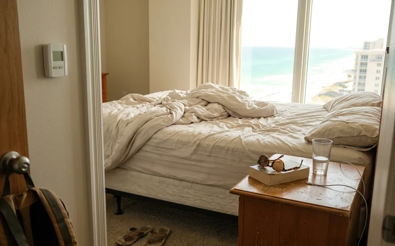 Humid condo bedroom with a thermostat near a sunny window