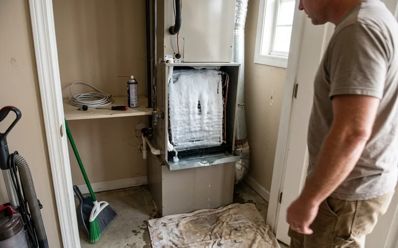 Indoor evaporator coil covered in ice behind an open air handler panel