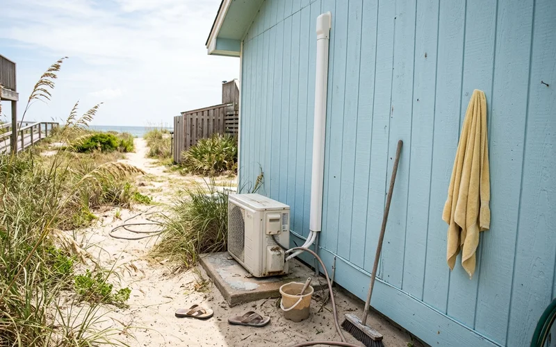 Line set cover running down the siding of a beach cottage