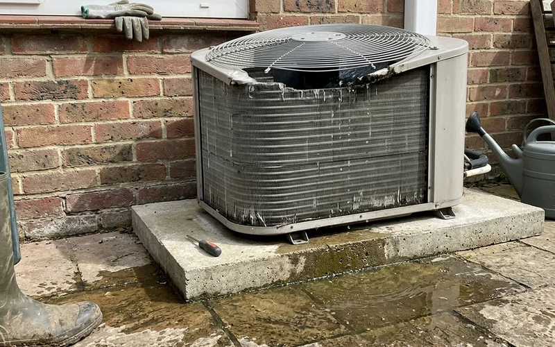 Meltwater pooling under a heat pump after a defrost cycle