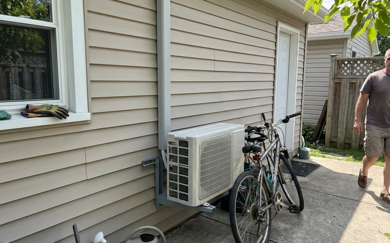 Mini-split outdoor unit on a bracket beside a garage conversion
