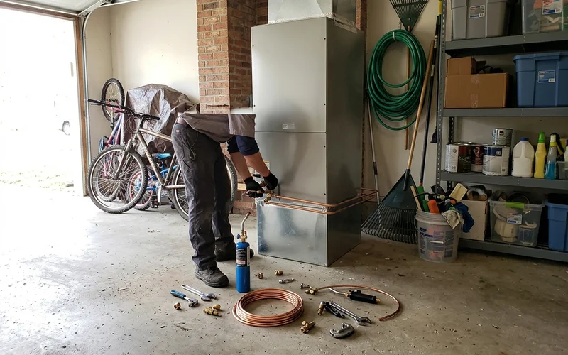 New air handler in a garage with refrigerant lines being connected
