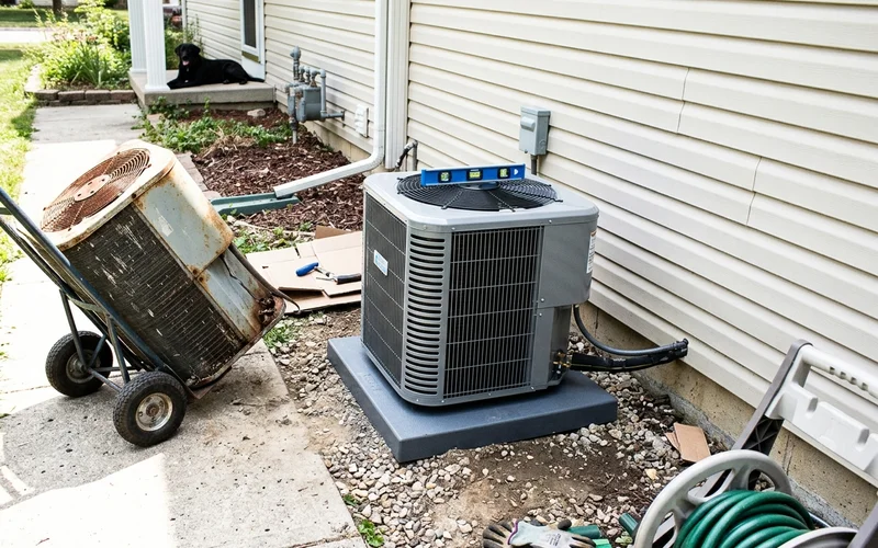 New condenser on a fresh pad with the old unit on a dolly