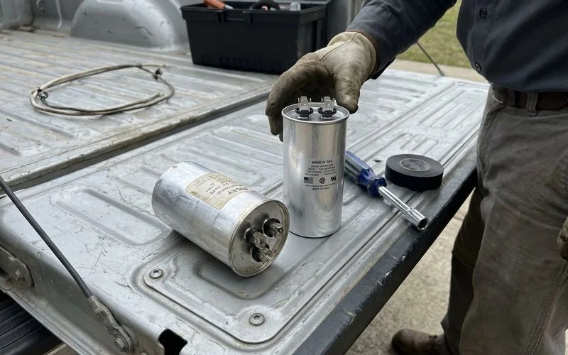 Old swollen run capacitor next to a new one on a tailgate