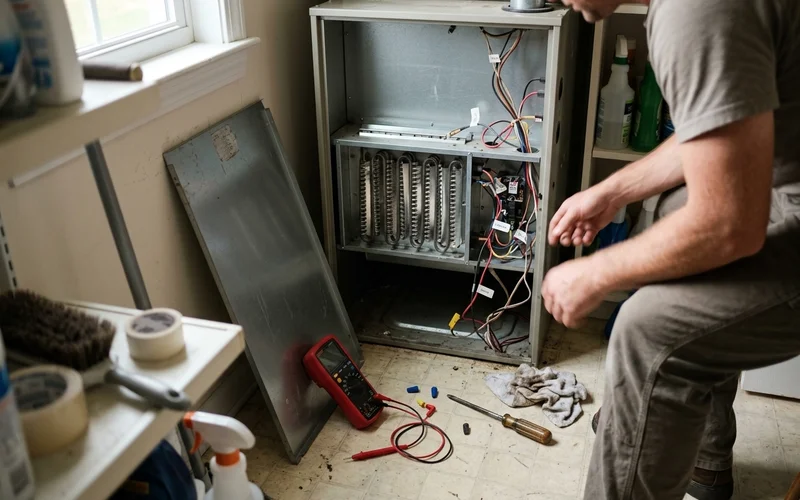 Air handler heat strips exposed during a fall inspection