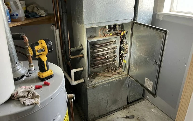 Open air handler panel showing electric heat strip elements