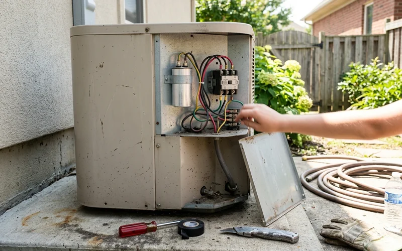 Open outdoor unit electrical panel showing capacitor and contactor