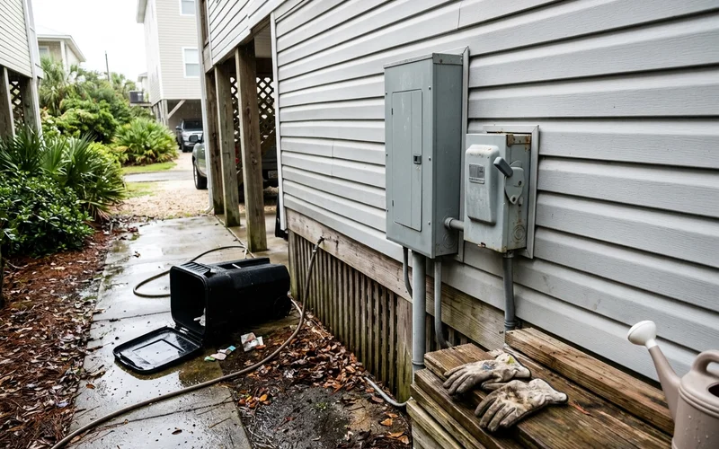 AC disconnect and breaker panel beside a raised home after a storm