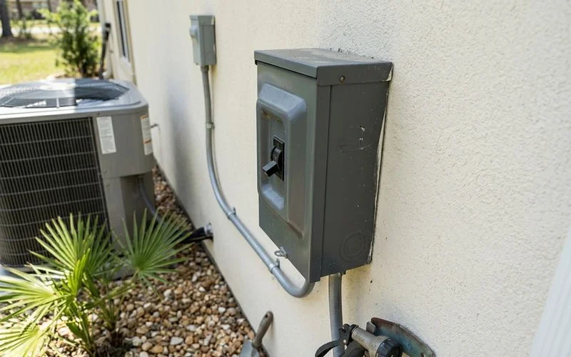 Outdoor AC disconnect box on a stucco wall beside a condenser