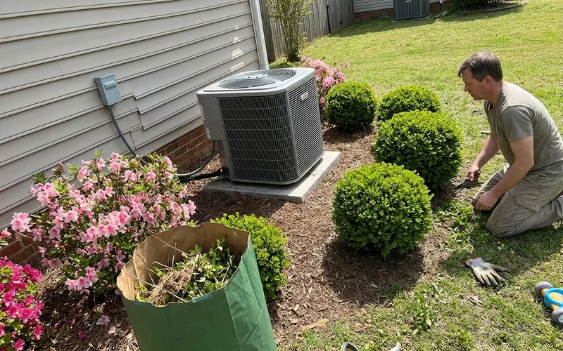 Outdoor AC unit with clear space around it in spring