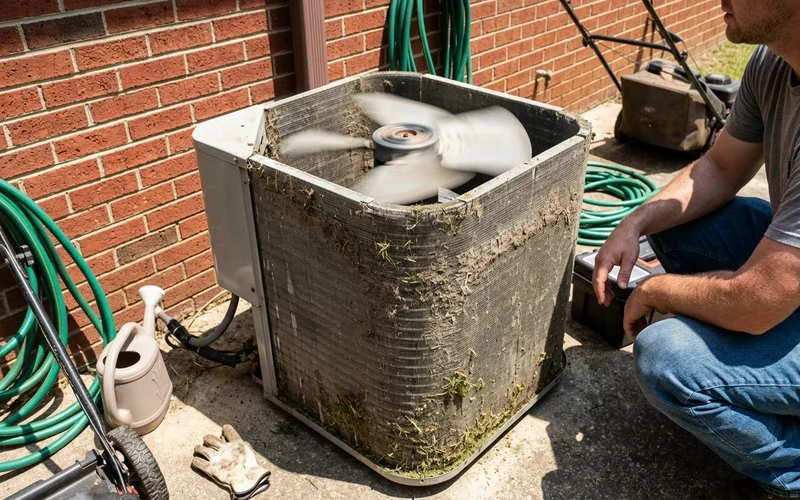 Outdoor condenser fan spinning beside a brick ranch home with dusty coil fins