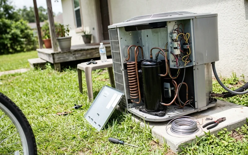 Outdoor condenser with side panel off and the compressor visible