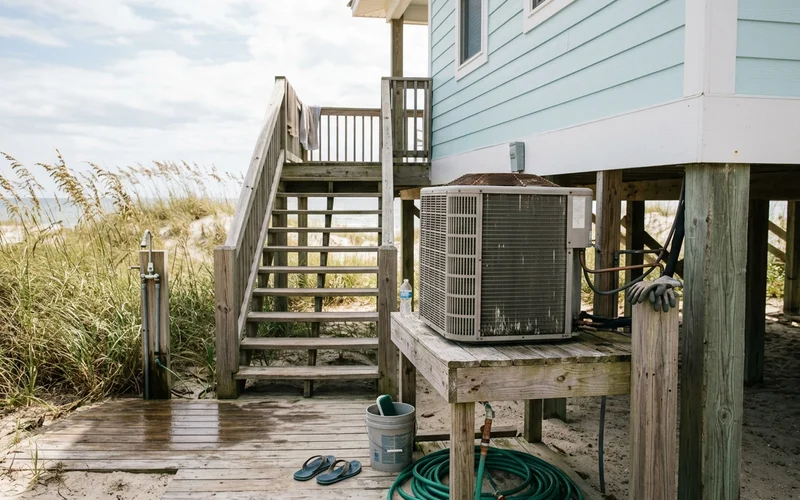Outdoor heat pump beside a raised Gulf Shores beach house in soft fall light