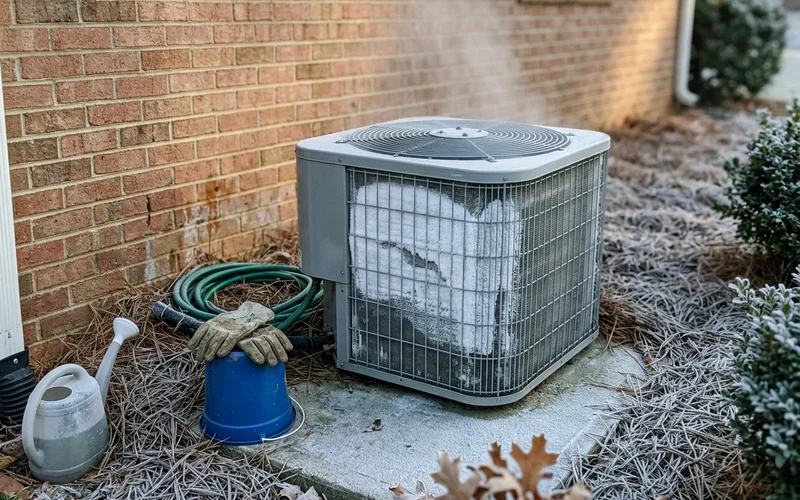 Outdoor heat pump running with a thin frost layer in the early morning