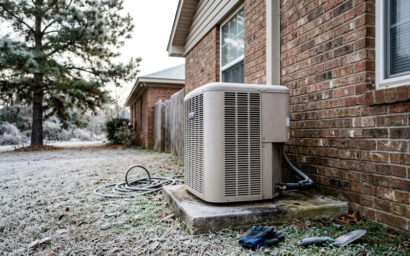 Outdoor heat pump with light frost on a cold Baldwin County morning