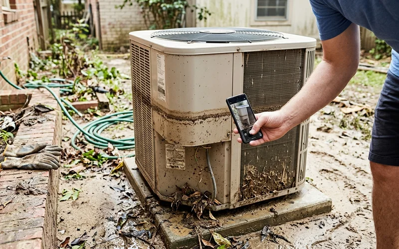 Phone photographing a waterline mark on an outdoor unit for insurance