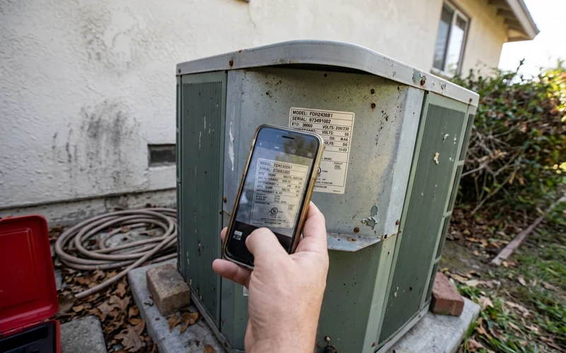 Phone photo of an AC data plate showing model and serial number