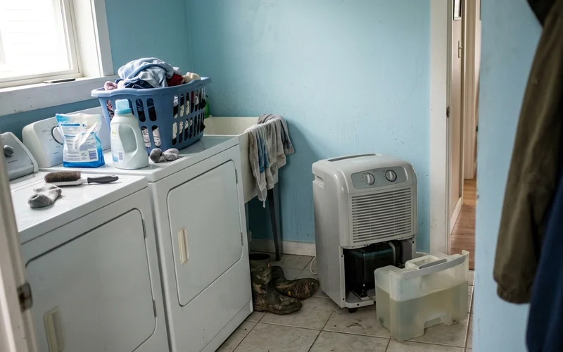 Portable dehumidifier with a full bucket in a damp laundry room