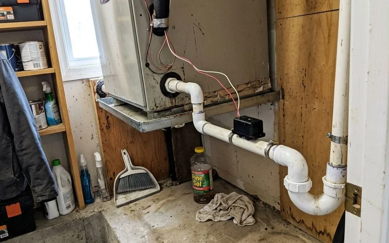 PVC condensate drain line with a white float switch on an indoor AC unit