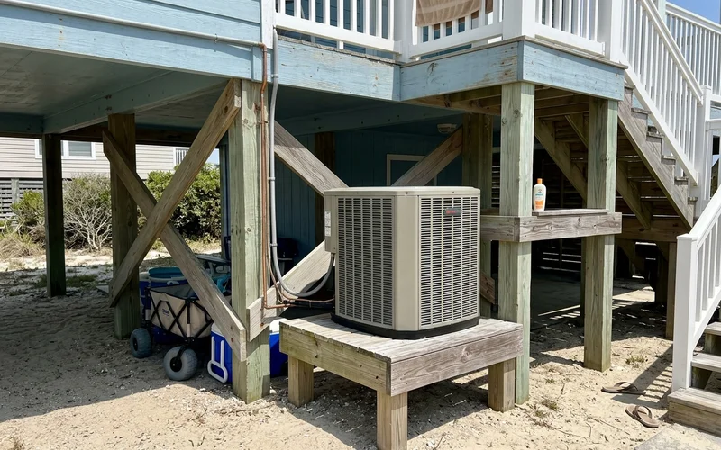 Raised condenser platform under a stilt beach house
