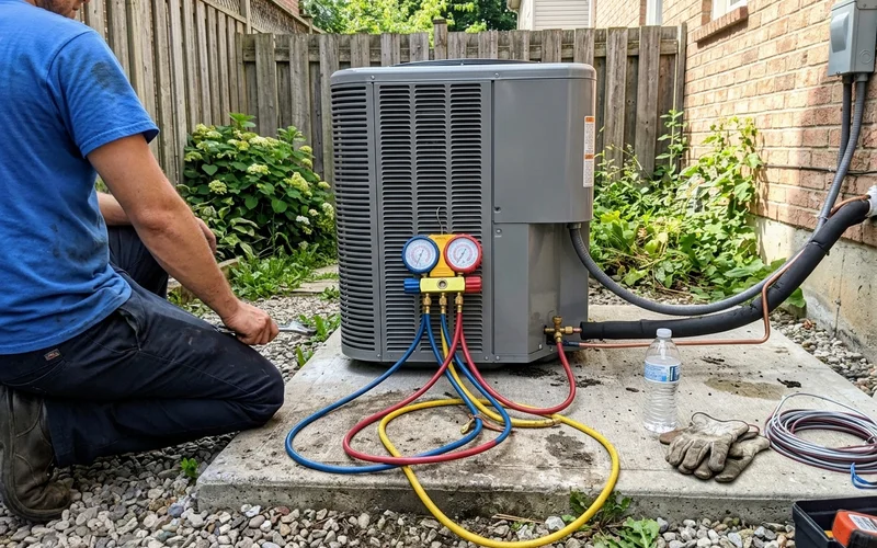 Gauges connected to service valves on a newly installed outdoor unit