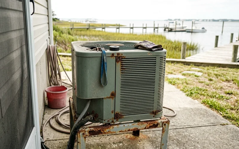 Rusted condenser stand and corroded screws at a bayfront home
