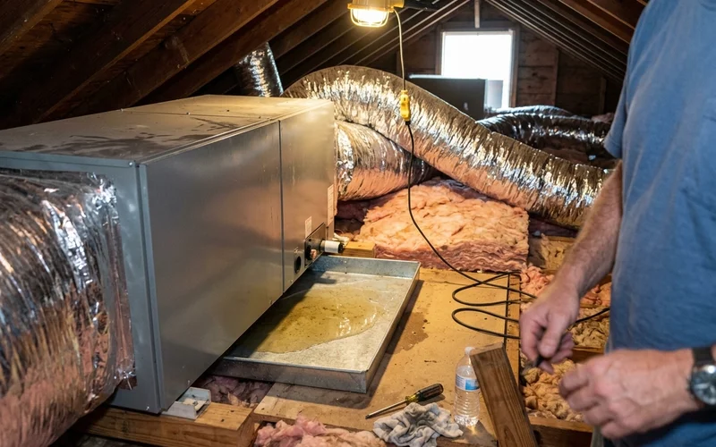 Secondary drain pan under an attic air handler holding water