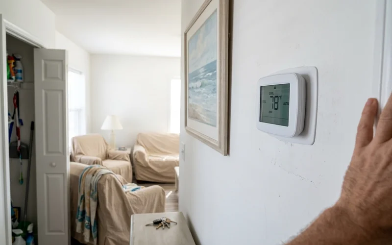 Smart thermostat in an empty beach house set to 78 degrees
