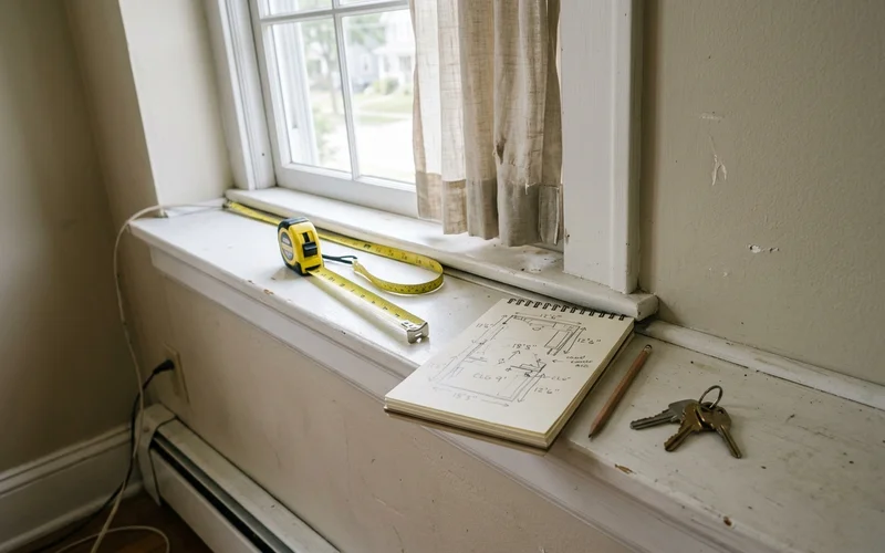 Tape measure and notepad on a windowsill during a home measurement
