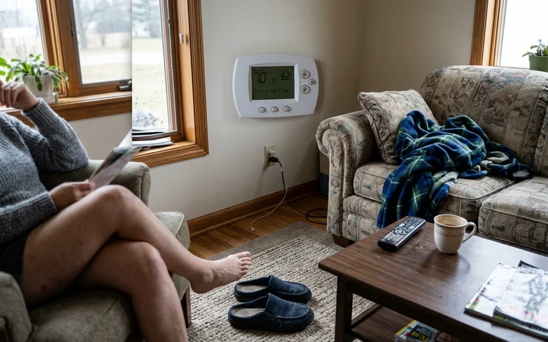 Thermostat set to heat showing a low room temperature