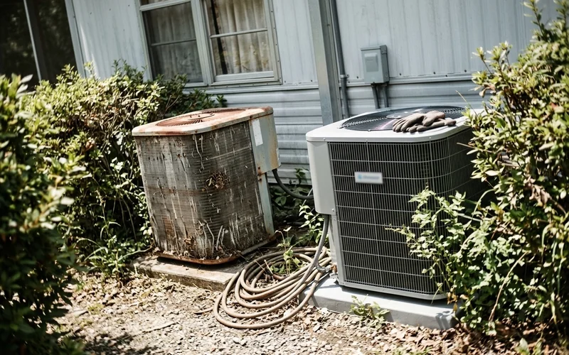 Old rusty AC unit beside a newer one next to a house