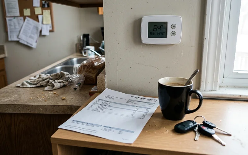 Winter electric bill next to a thermostat showing AUX heat