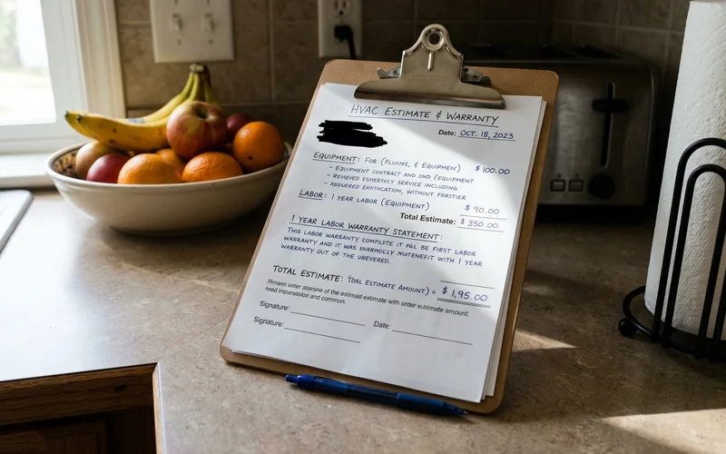 Written HVAC estimate and warranty paperwork on a clipboard