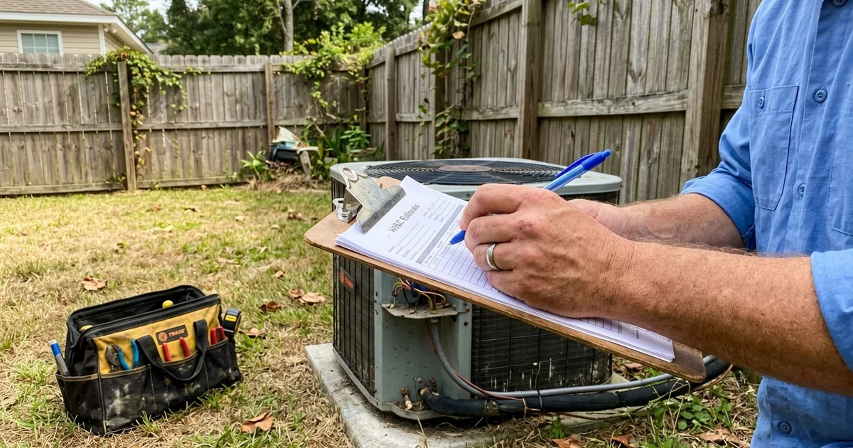Contractor writing an estimate on a clipboard beside an outdoor AC unit