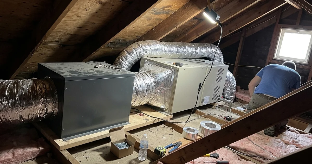 Ducted whole-home dehumidifier next to an air handler in an attic